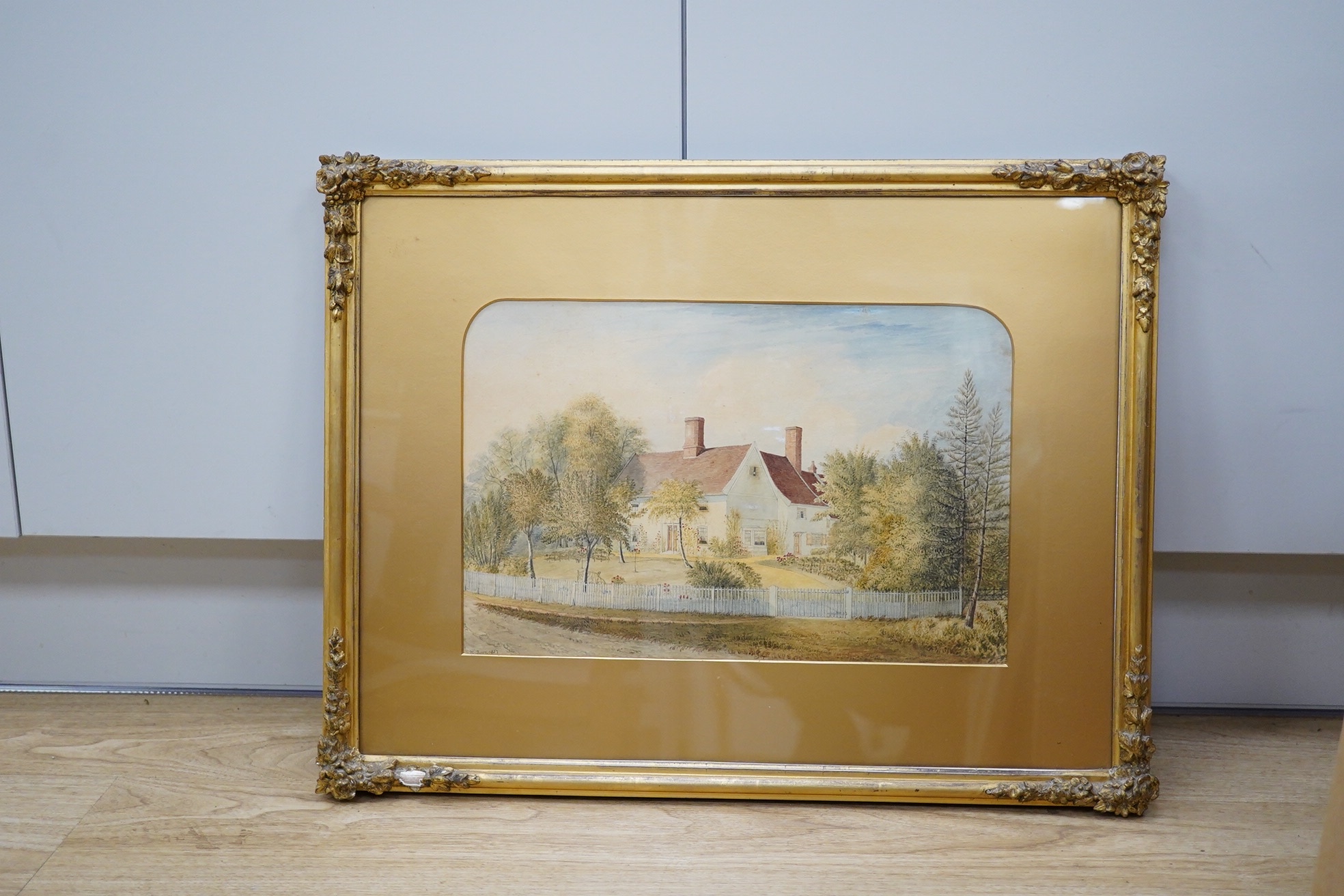 Henry Davy (1793-1865), watercolour, Cottage garden scene, signed and dated 1857, 24.5 x 38cm, gilt framed. Condition - fair